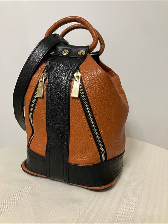 Valentina Handbags - Valentina Convertible Leather Bucket Bag Cognac/Black